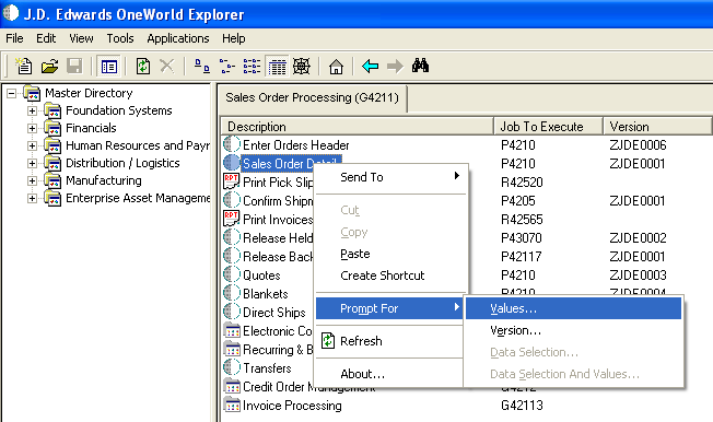 選択済の「受注オーダー明細」とメニューの表示 選択済の「受注オーダー明細」とメニューの表示