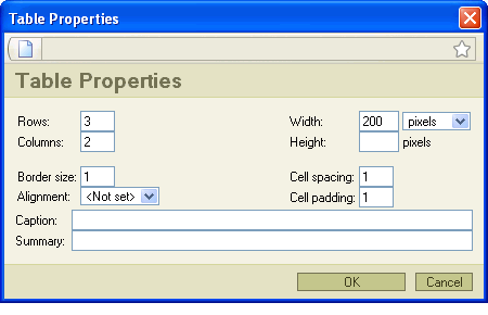 Table Properties dialog box