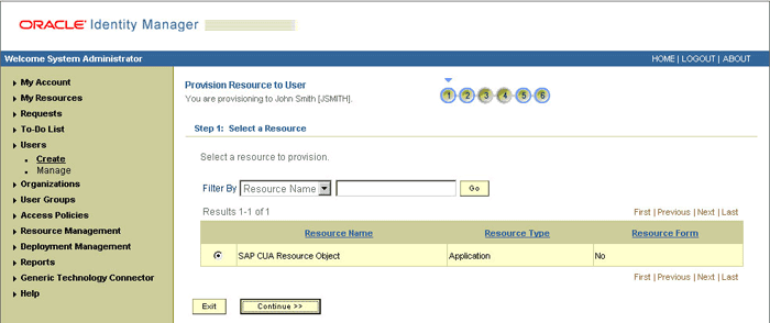 The Step 1: Select a Resource page