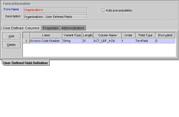 User defined field definition form