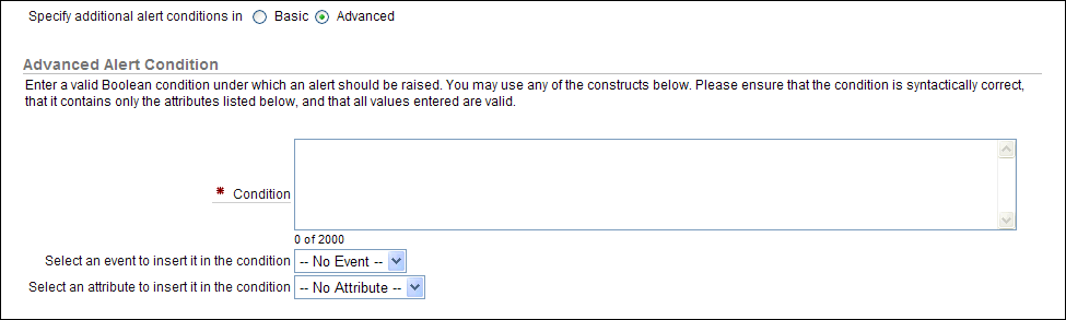 Advanced Alerts Condition area of Alerts page