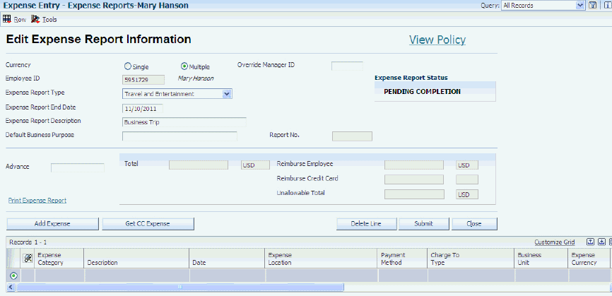 entry how to note credit of Reports Expense Entering