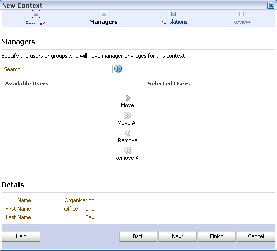 New Context wizard managers