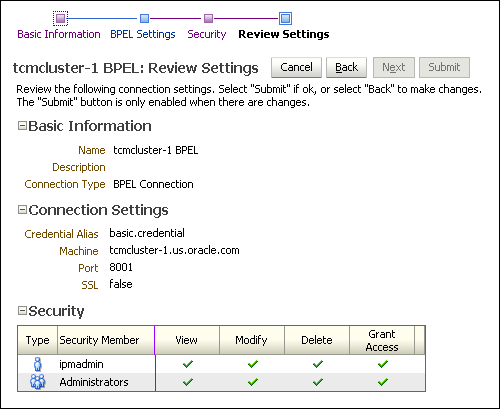 BPEL Connection Review Settings Page