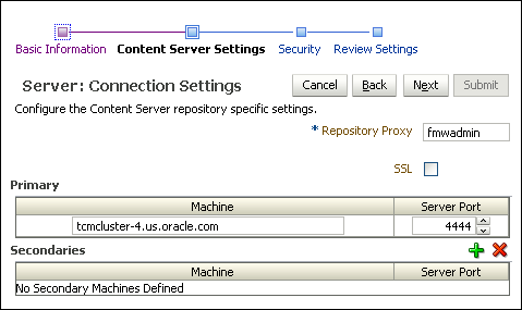 Connection Content Server Settings page