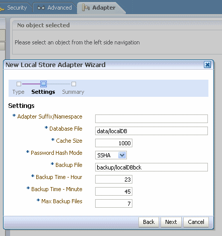 LSA wizard settings stage