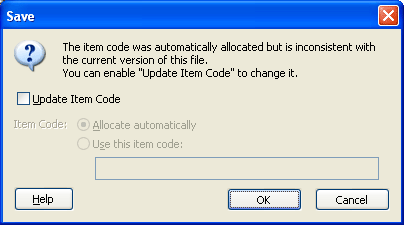 Update Item Code dialog