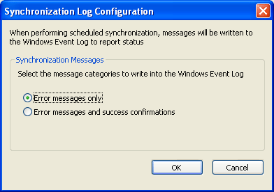 Synchronization Log Configuration dialog