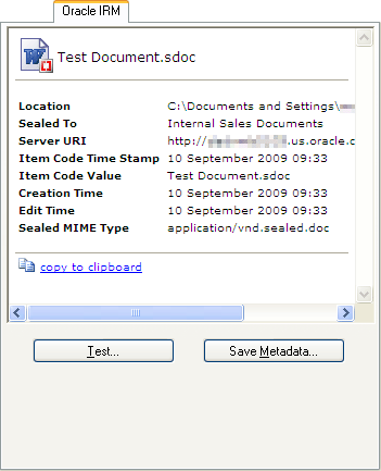 Oracle IRM properties tab