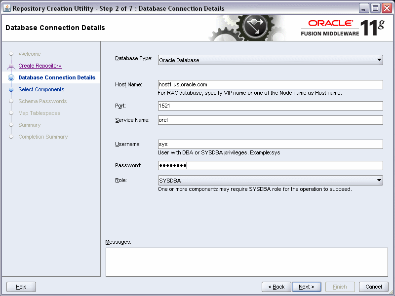 rcu database connection details screen