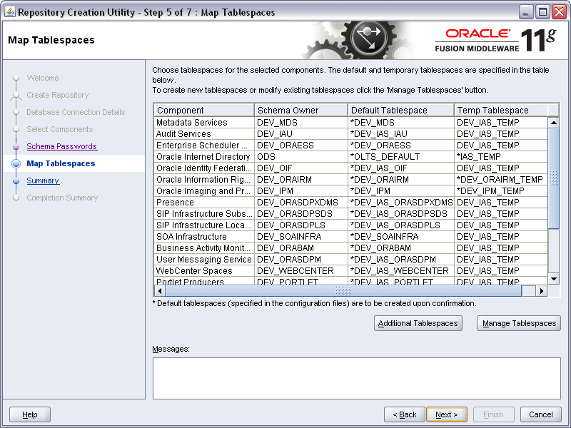 rcu map tablespaces screen