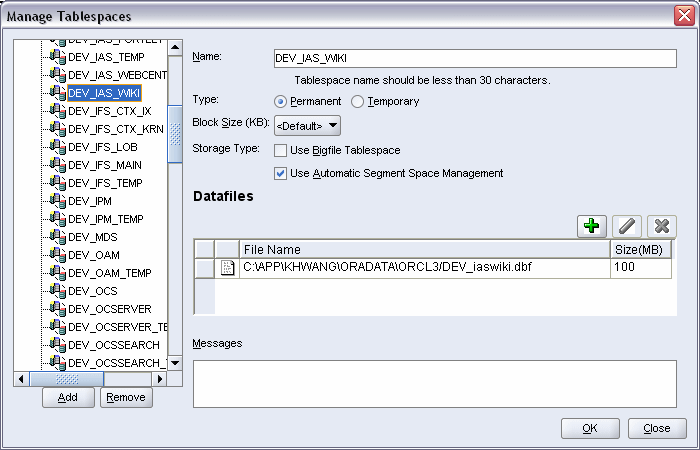 maange tablespaces screen