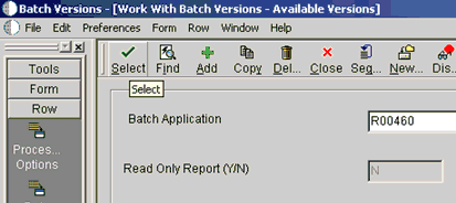 Work With Batch Versions - Available Versions window