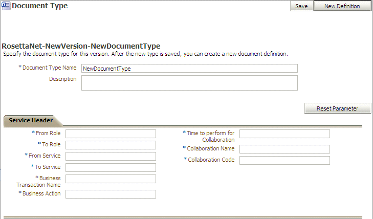 Service header parameters for a RosettaNet document
