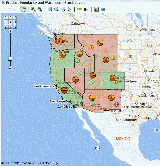 Map with color, point, and pie graph themes