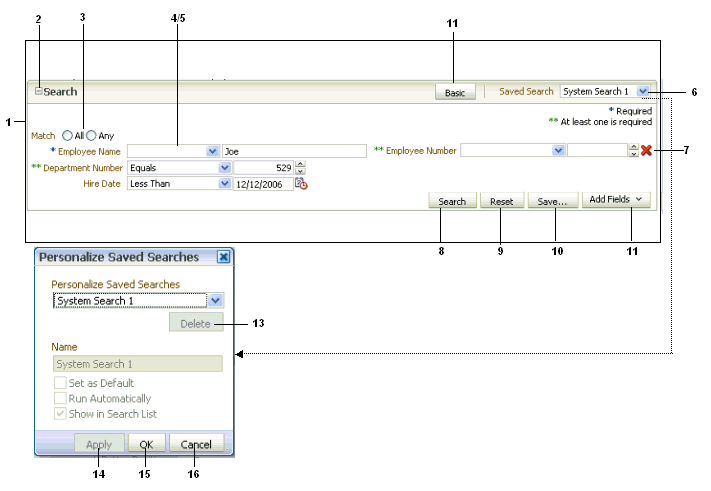 query component’s buttons and fields