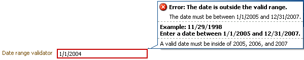 Date range validator with error message.