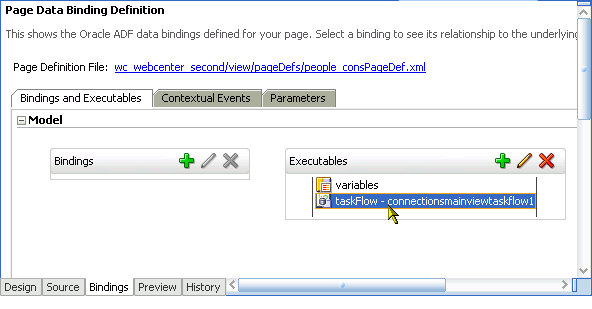Bindings view of an application page