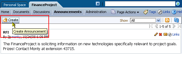 Create button on an Announcements page