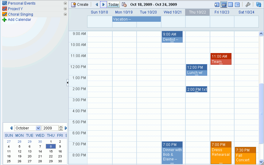 Events task flow showing events for multiple calendars