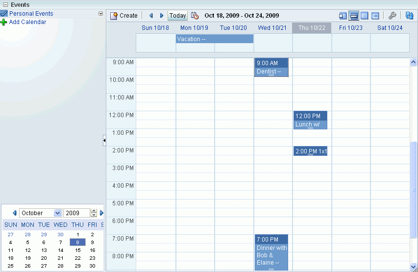 Events task flow with area for selecting other calendars