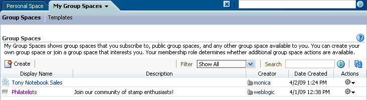 Group Spaces page
