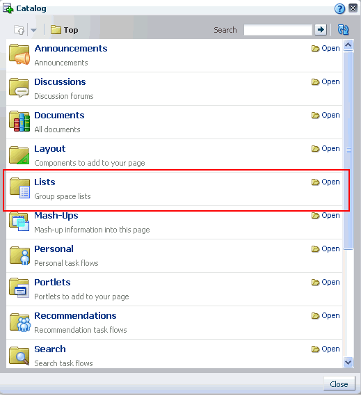 Lists folder in the Oracle Composer Catalog