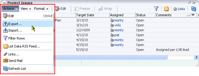 Export button on a list
