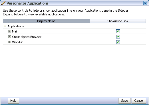 Personalize Applications window