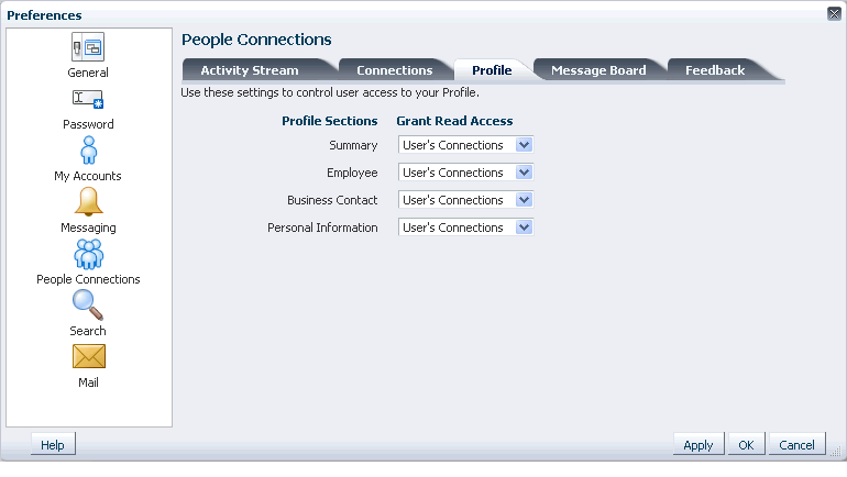 Profile tab on the People Connections Preferences panel