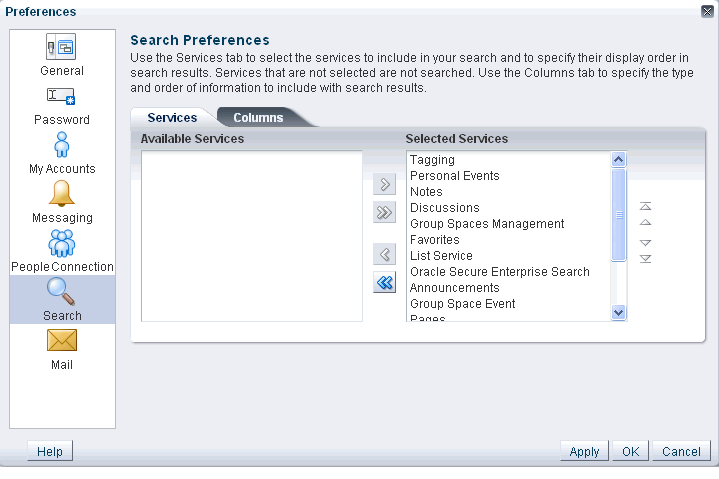 Search Preferences panel in Preferences dialog box
