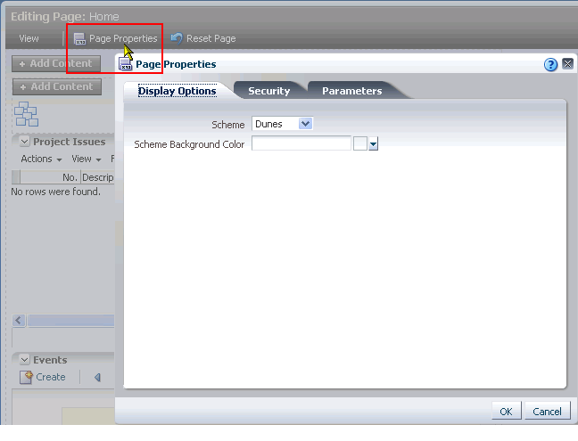 Page Properties button and dialog