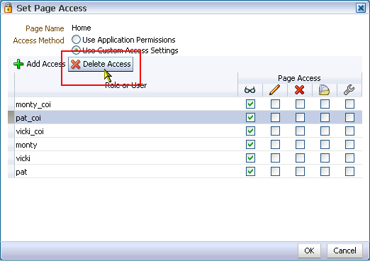 Delete Access button in the Set Page Access dialog box