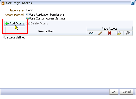 Add button in the Set Page Access dialog box