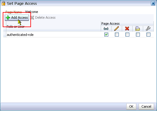 Add button in the Set Page Access dialog box