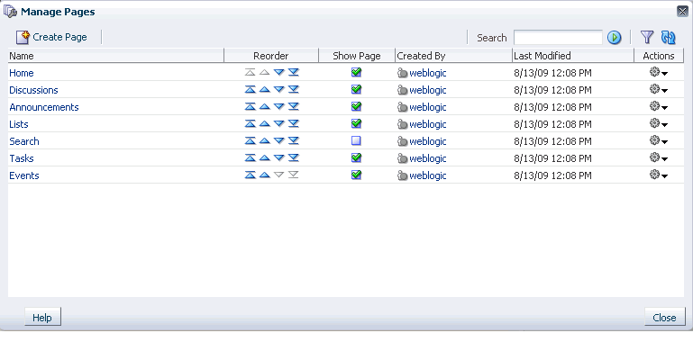 Manage Pages dialog box