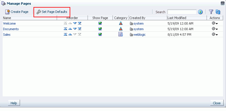 Set Page Defaults in Manage Pages dialog box