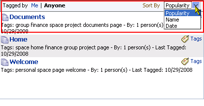 Tagged by and Sort By options for tagged items