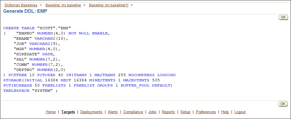 選択したベースラインに対して生成されたDDL