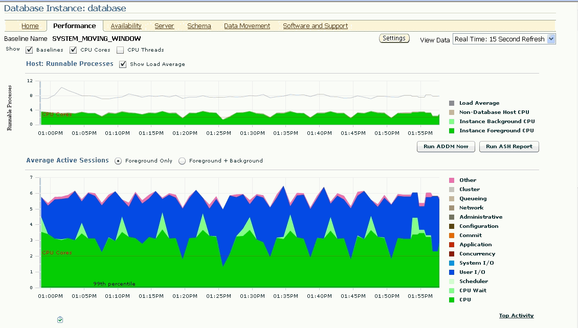 Enterprise Managerのデータベースの「パフォーマンス」ページ