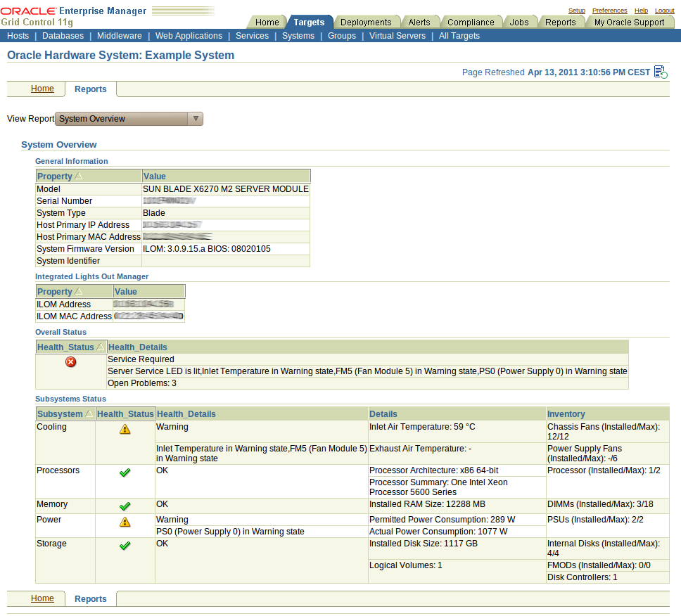 image:An example of the System Overview report, showing information such as the system IP address, Oracle ILOM IP address and so on.