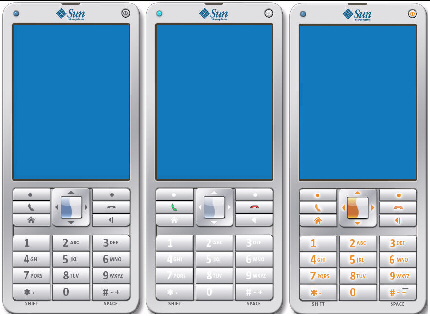 Left image: emulator no action. Center: center button selected. Right: center button pressed.