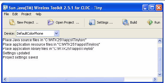 KToolbar console displays locations of project files.