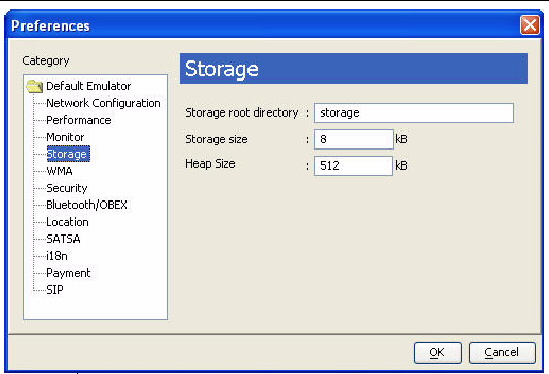 The Ktoolbar preferences Storage tab shows storage root directory, storage size, and heap size