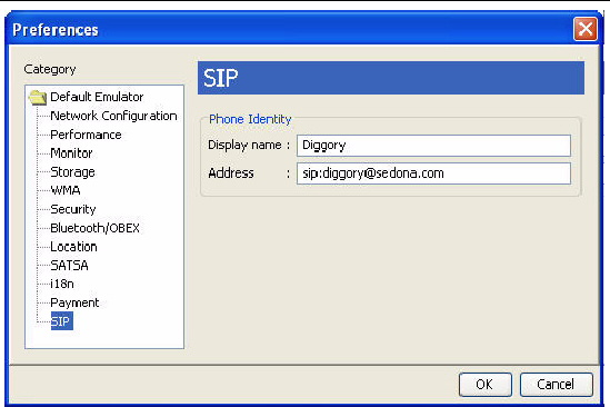 Preferences window with SIP category selected has Display name and Address fields.