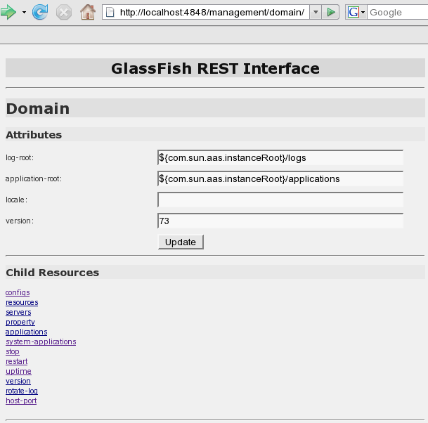 Screen capture showing the web page for the REST resource for managing a domain.