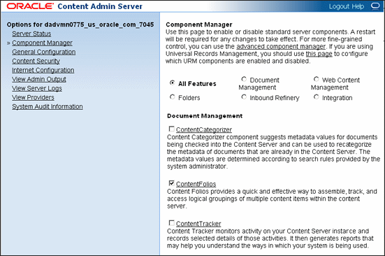 Surrounding text describes Content Admin Server screen.