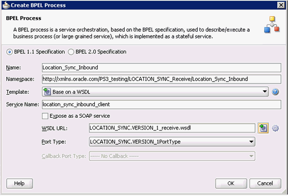 Create BPEL Process dialog box