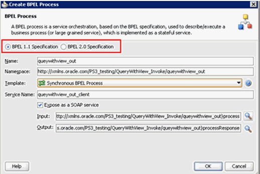 Create BPEL Process dialog box