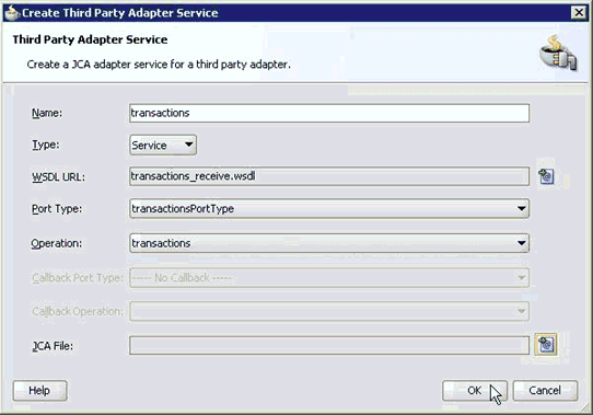 Create Third Party Adapter Service dialog box